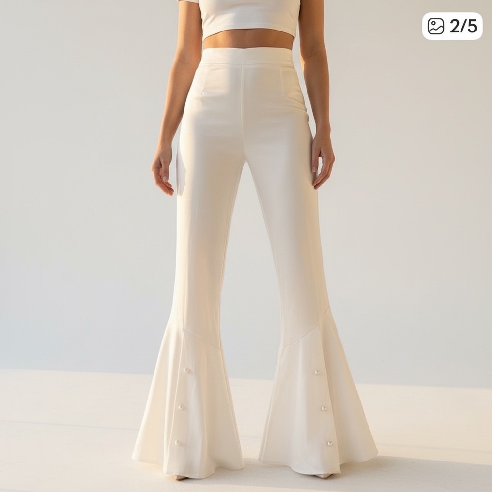 A364 CQ by CQ White Modern Elegance Palazzo Pants Pearl Detail High Waist NWT M - Picture 2 of 7